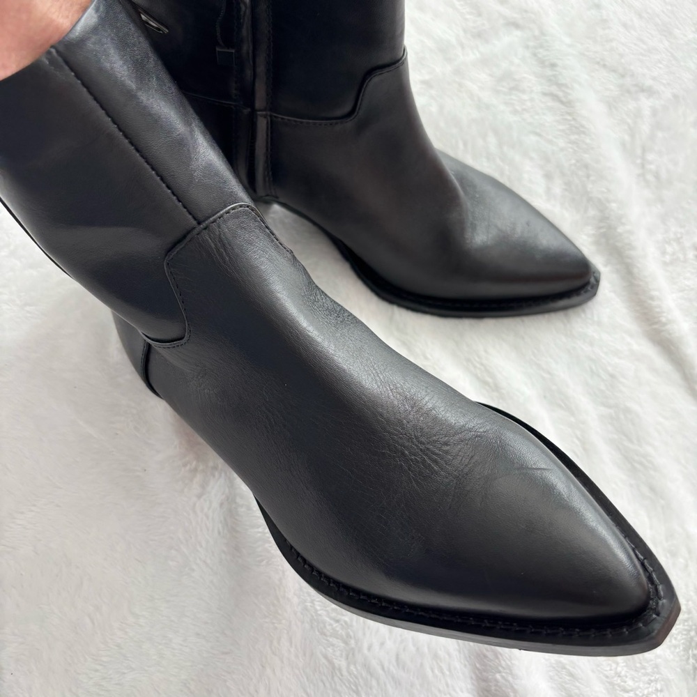 ZARA Black Leather Pointy Toe Western-Style Ankle Bootie--6 - Picture 1 of 15